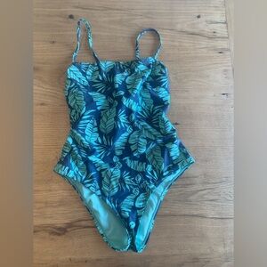 Hot Water One Piece Cut out Back Tropical Blue Green Swimsuit Women’s L Preloved